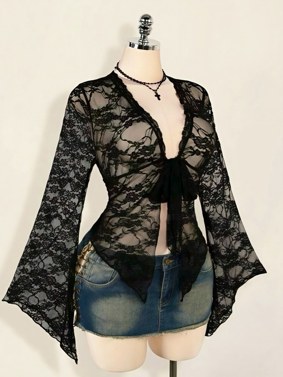 Tops - ✨🖤 Black Lace Long Bell Sleeve Tie Front Sheer Top